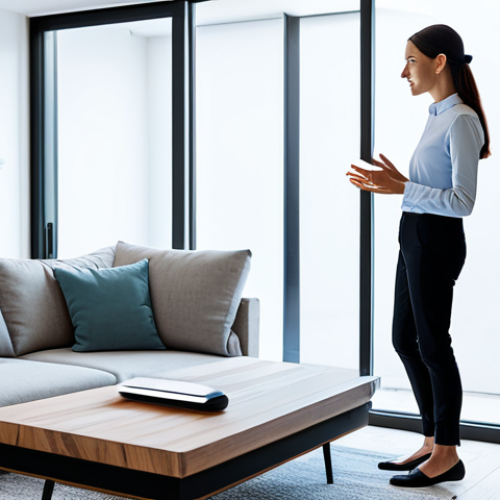 Home 4 A professional adult woman, fully clothed in modest, modern professional attire, standing in a brightly lit, minimalist smart home living room. She is looking towards a sleek, non-humanoid smart home robot, engaging in a natural, intuitive interaction, perhaps through subtle gestures or quiet voice commands. The robot has a soft, responsive glow indicating understanding. The scene evokes a sense of advanced yet empathetic technology integration. Perfect anatomy, correct proportions, natural pose, well-formed hands, proper finger count, natural body proportions, professional photography, high quality, safe for work, appropriate content, fully clothed, modest, family-friendly.