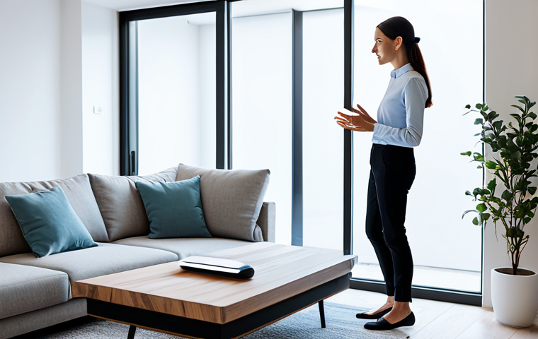 A professional adult woman, fully clothed in modest, modern professional attire, standing in a brightly lit, minimalist smart home living room. She is looking towards a sleek, non-humanoid smart home robot, engaging in a natural, intuitive interaction, perhaps through subtle gestures or quiet voice commands. The robot has a soft, responsive glow indicating understanding. The scene evokes a sense of advanced yet empathetic technology integration. Perfect anatomy, correct proportions, natural pose, well-formed hands, proper finger count, natural body proportions, professional photography, high quality, safe for work, appropriate content, fully clothed, modest, family-friendly.