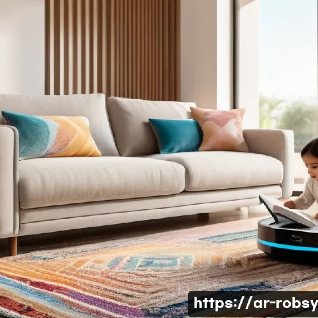 홈 로봇의 기능별 장단점 분석 - A photo-realistic image depicting a modern, sunlit living room in a contemporary Arab home. A sleek,...