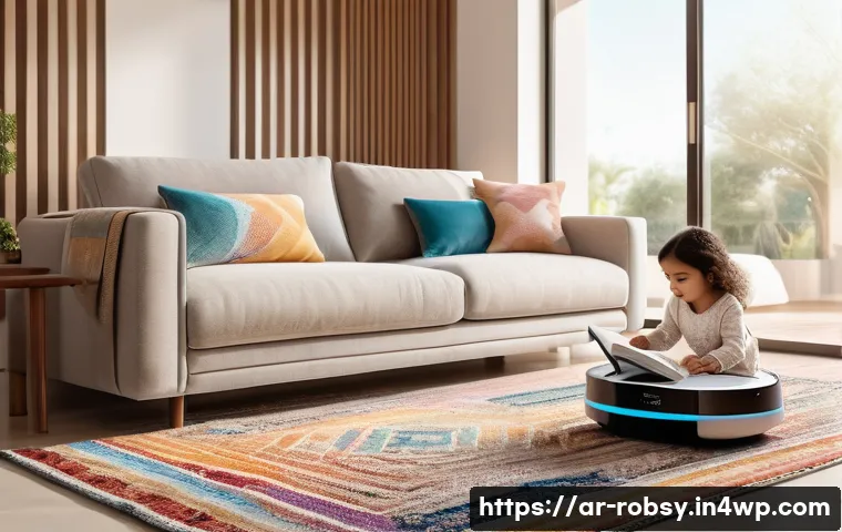 홈 로봇의 기능별 장단점 분석 - A photo-realistic image depicting a modern, sunlit living room in a contemporary Arab home. A sleek,...