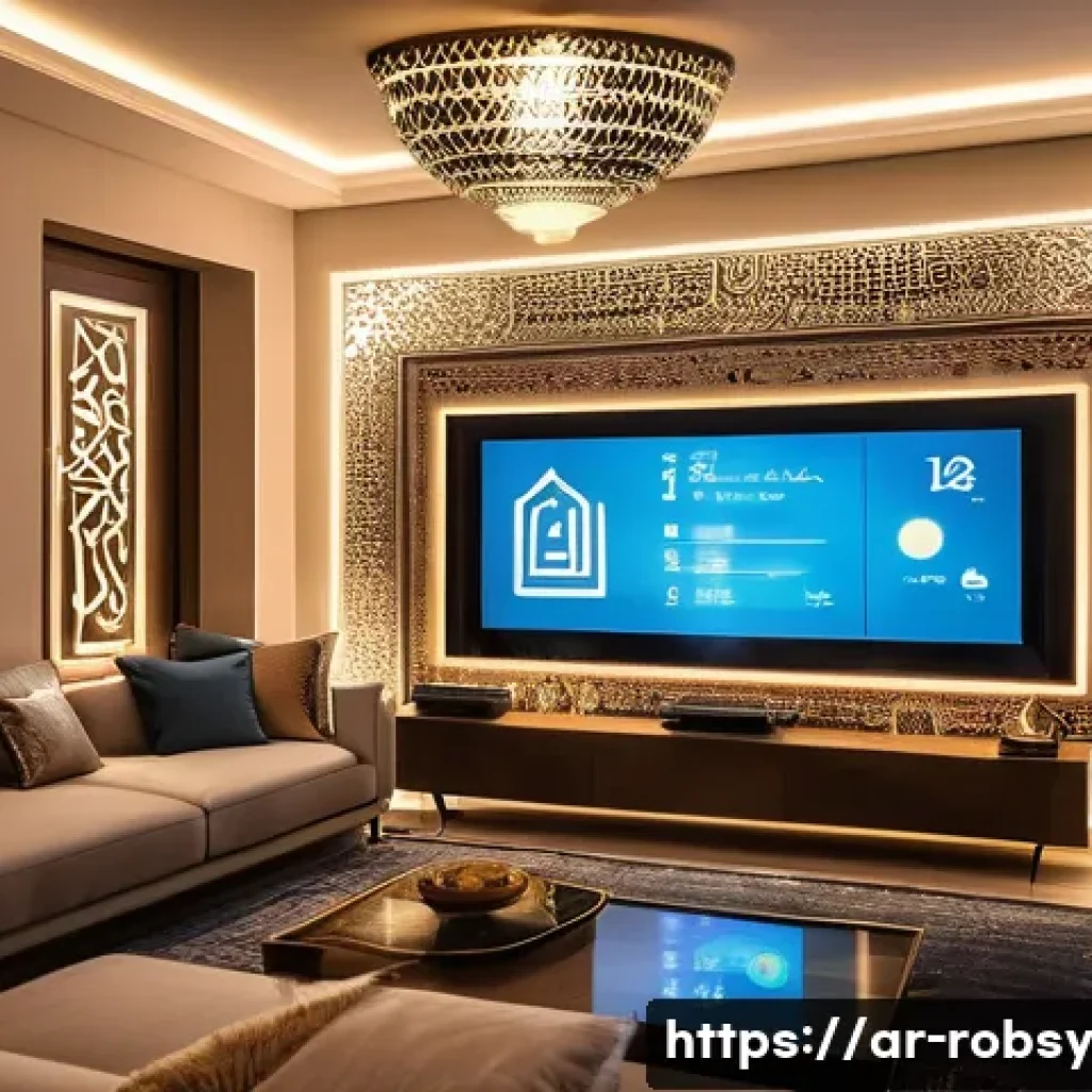 홈 로봇을 활용한 에너지 절약 방법 - A modern Middle Eastern home interior at dusk, showcasing smart adaptive lighting systems with motio...