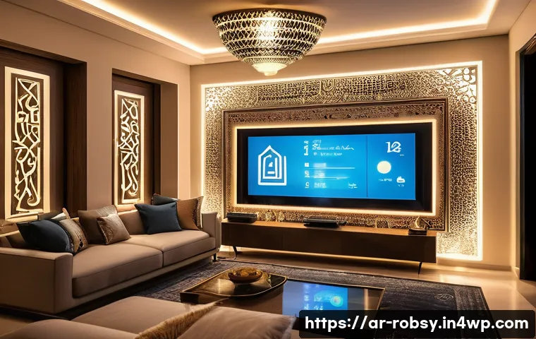 홈 로봇을 활용한 에너지 절약 방법 - A modern Middle Eastern home interior at dusk, showcasing smart adaptive lighting systems with motio...
