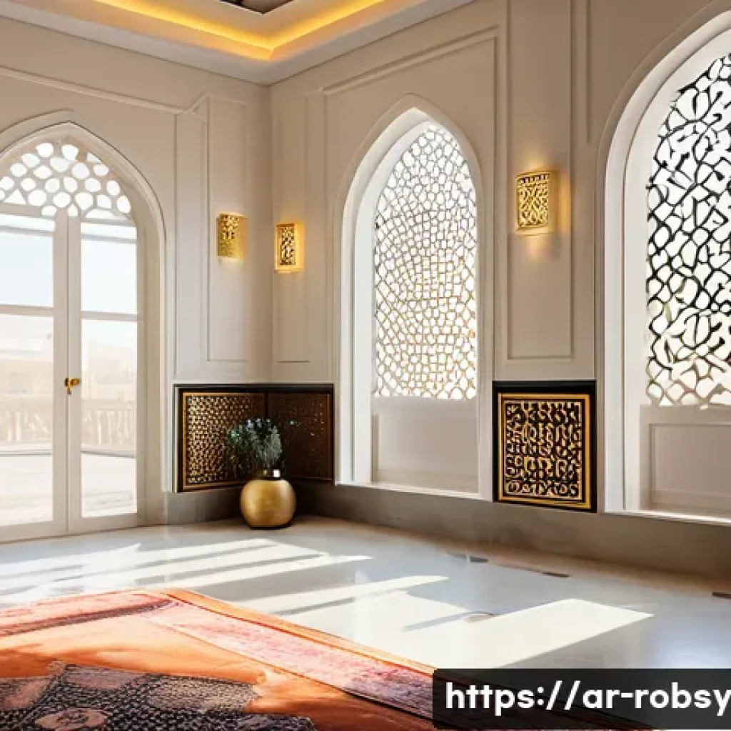 가정에서 로봇 활용 시 법적 고려사항 - A modern Arabic home interior featuring a sleek domestic service robot vacuuming the living room, wi...