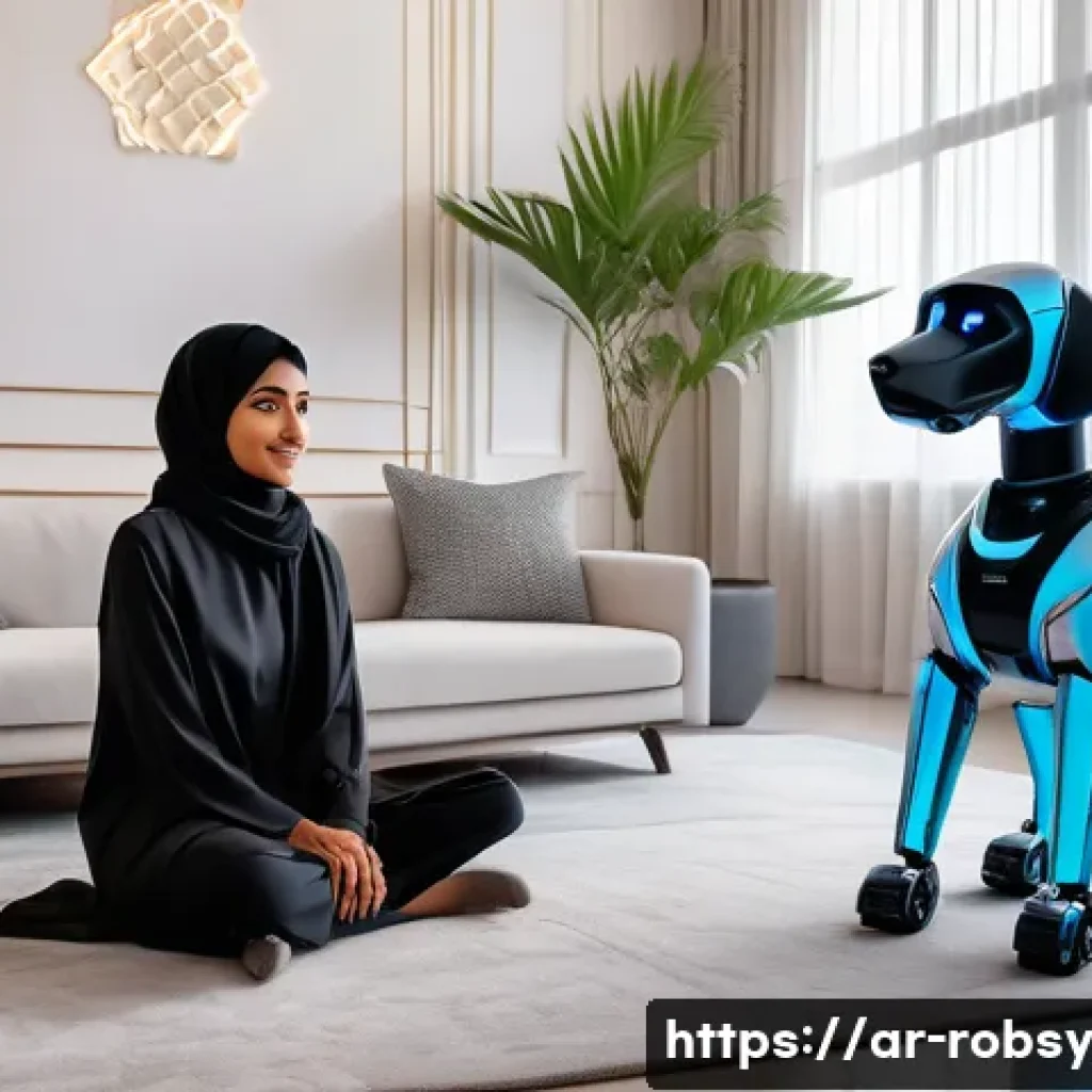 로봇 애완동물과 실제 애완동물의 비교 - A modern Arabic living room scene featuring a young Arab woman interacting warmly with a sleek robot...