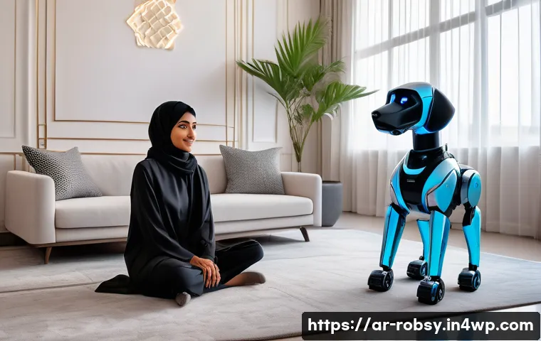 로봇 애완동물과 실제 애완동물의 비교 - A modern Arabic living room scene featuring a young Arab woman interacting warmly with a sleek robot...