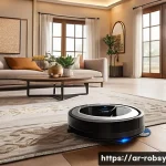홈 로봇으로 집안 청소 효율 높이기 - A modern Arabic-style living room featuring a sleek home robot vacuum cleaner with advanced AI senso...