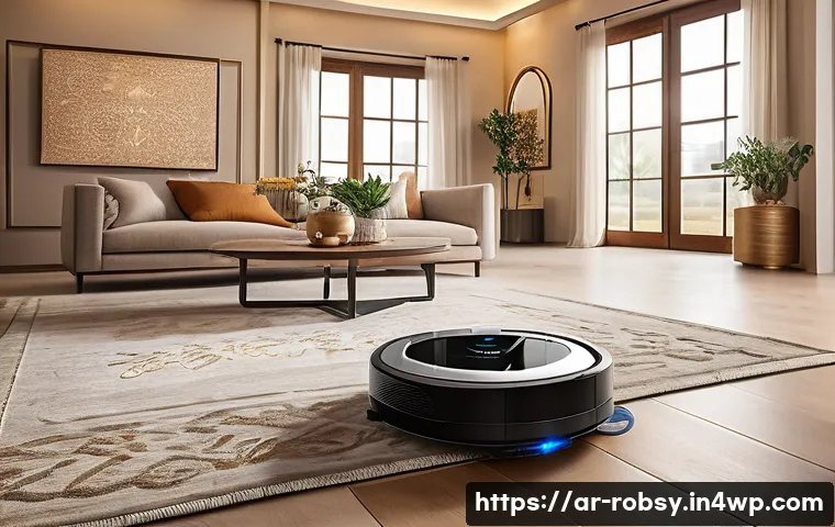 홈 로봇으로 집안 청소 효율 높이기 - A modern Arabic-style living room featuring a sleek home robot vacuum cleaner with advanced AI senso...
