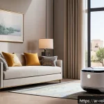로봇 청소기를 활용한 혁신적인 청소 방법 - A modern living room in a Middle Eastern home with elegant traditional Arabic decor, showcasing a sm...