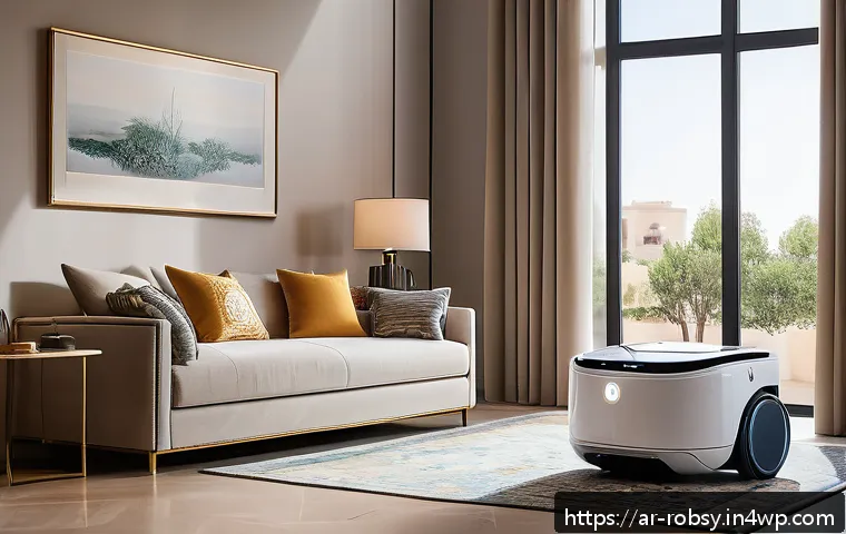 로봇 청소기를 활용한 혁신적인 청소 방법 - A modern living room in a Middle Eastern home with elegant traditional Arabic decor, showcasing a sm...
