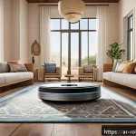 가정에서 로봇 활용 시 필수 체크리스트 - A modern, spacious Arabic-style living room with elegant traditional decor, featuring a sleek roboti...