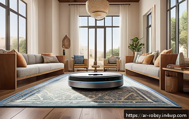 가정에서 로봇 활용 시 필수 체크리스트 - A modern, spacious Arabic-style living room with elegant traditional decor, featuring a sleek roboti...