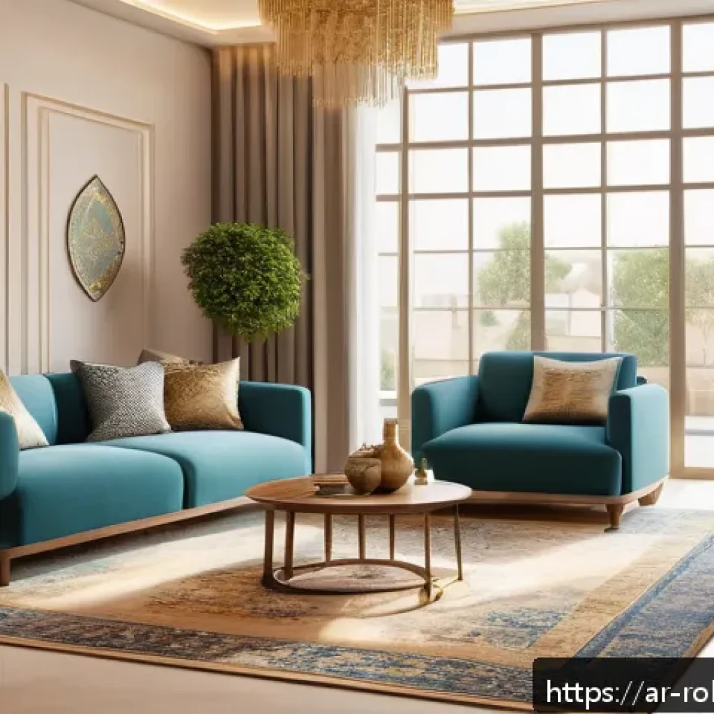 스마트 홈 로봇의 데이터 수집과 활용 - A modern Arabic smart home interior during evening time, featuring a sleek humanoid robot interactin...