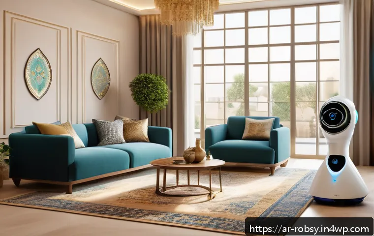 스마트 홈 로봇의 데이터 수집과 활용 - A modern Arabic smart home interior during evening time, featuring a sleek humanoid robot interactin...