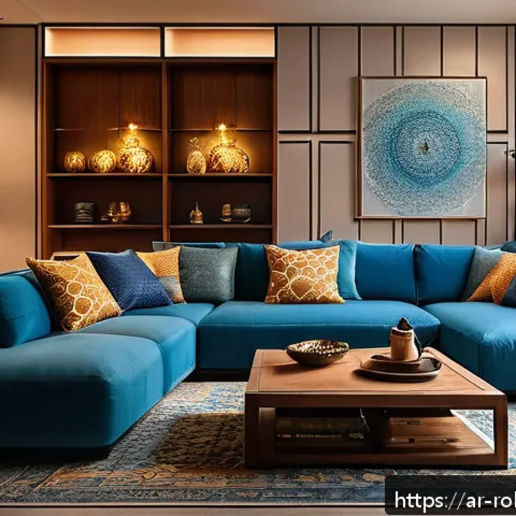 홈 로봇 활용을 위한 필수 앱 소개 - A modern Middle Eastern living room illuminated by smart lighting with adjustable brightness and col...