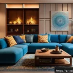홈 로봇 활용을 위한 필수 앱 소개 - A modern Middle Eastern living room illuminated by smart lighting with adjustable brightness and col...