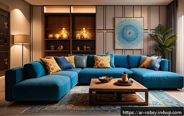 홈 로봇 활용을 위한 필수 앱 소개 - A modern Middle Eastern living room illuminated by smart lighting with adjustable brightness and col...