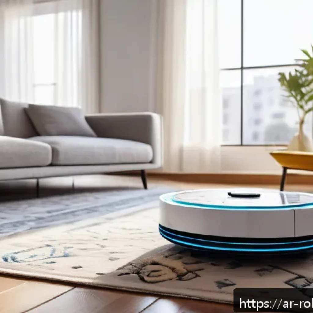 가정에서의 로봇 활용을 위한 아이디어 모음 - A modern Arabic home interior featuring a sleek smart cleaning robot actively vacuuming a large livi...
