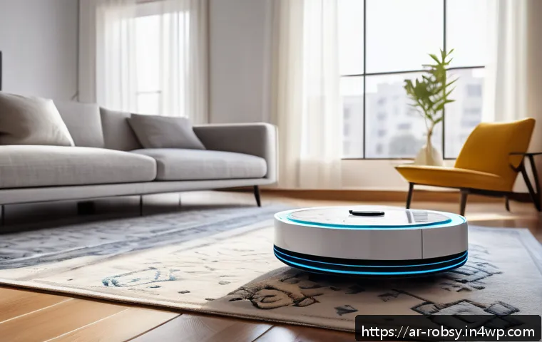 가정에서의 로봇 활용을 위한 아이디어 모음 - A modern Arabic home interior featuring a sleek smart cleaning robot actively vacuuming a large livi...